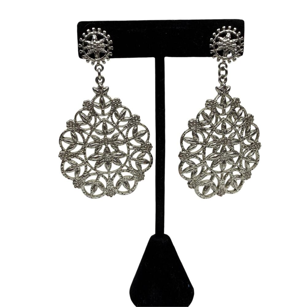 Silver Tone Filigree Teardrop Dangle Earrings Fashion Jewelry Push Back 2.5 in